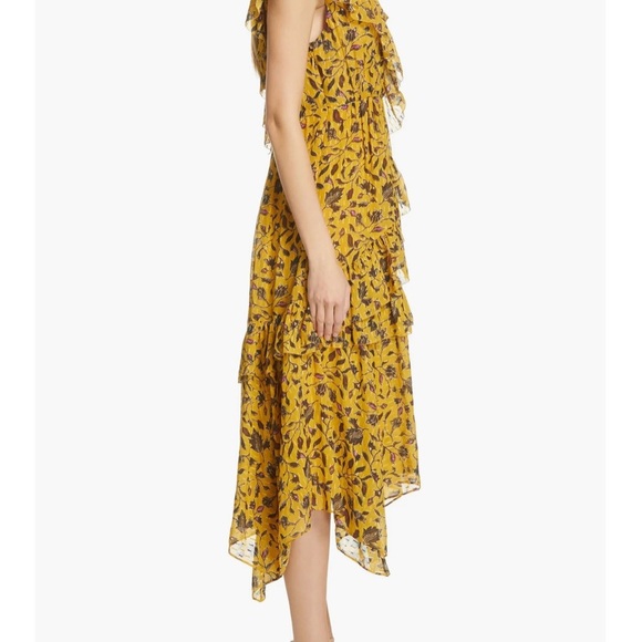 ULLA JOHNSON Yellow Amber Floral Print DANIA Ruffle Tiered Tie Shoulder MIDI 4 - Picture 3 of 16